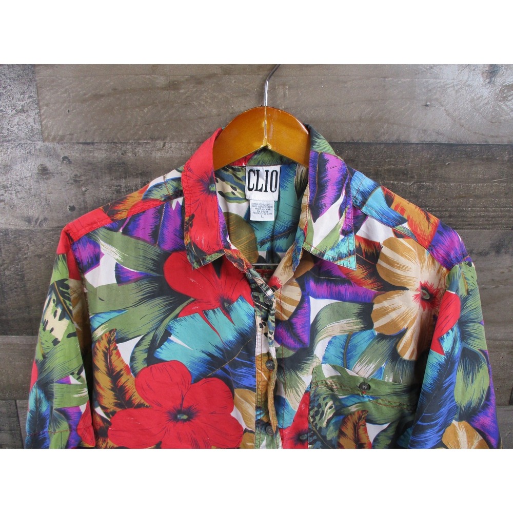 Clio Shirt Mens Large Multicolor Silk Hawaiian Floral Button Up Short Sleeve